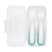 Load image into Gallery viewer, OXO Tot On the Go Plastic Fork &amp; Spoon Set With Travel Case - Teal
