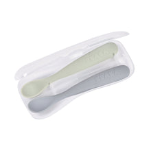Load image into Gallery viewer, Beaba 1st Stage Silicone Spoons &amp; Case 2 Pack - Misty Green/Pebble
