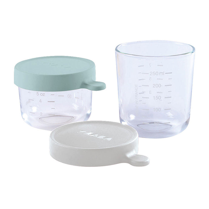 Beaba Set of 2 Superior Glass Conservation Jars 150ml/250ml - Airy Green/Light Mist