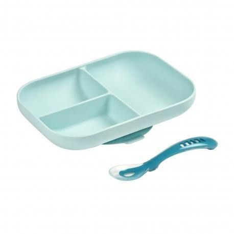 Beaba Silicone Suction Divided Plate & Spoon - Blue