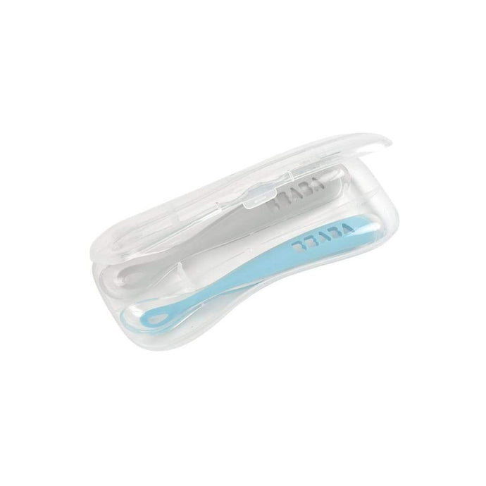 Beaba 1st Age Silicone Spoon Travel Twin Set (with Case) - Light Mist/Windy Blue